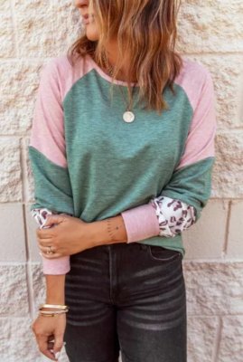 Green Round Neck Leopard Color Block Long Sleeve Top