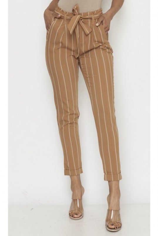 Taupe stripe self tie front elastic waist pants with pockets