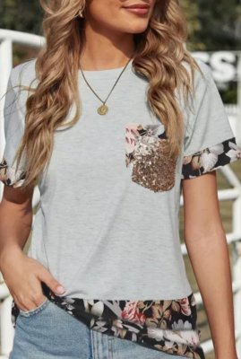 Gray Sequins Accent Floral Splicing Tee