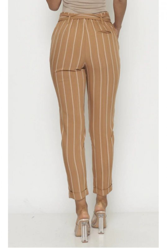 Taupe stripe self tie front elastic waist pants with pockets