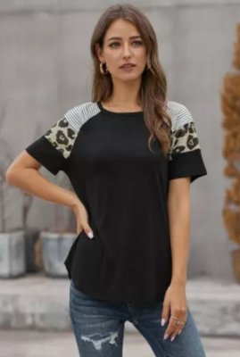 Leopard stripe short sleeve black top