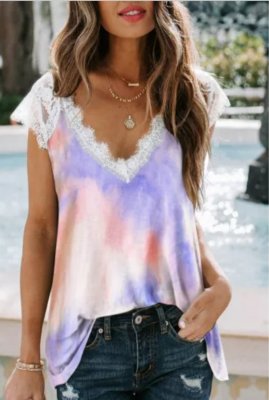 Purple Lace Splicing V Neck Short Sleeve Tie-dye Top