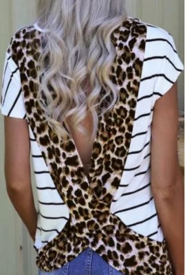 Stripe Brown Leopard Printed Open Back Short Sleeve T Shirt