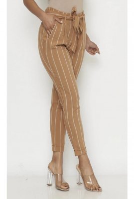 Taupe stripe self tie front elastic waist pants with pockets